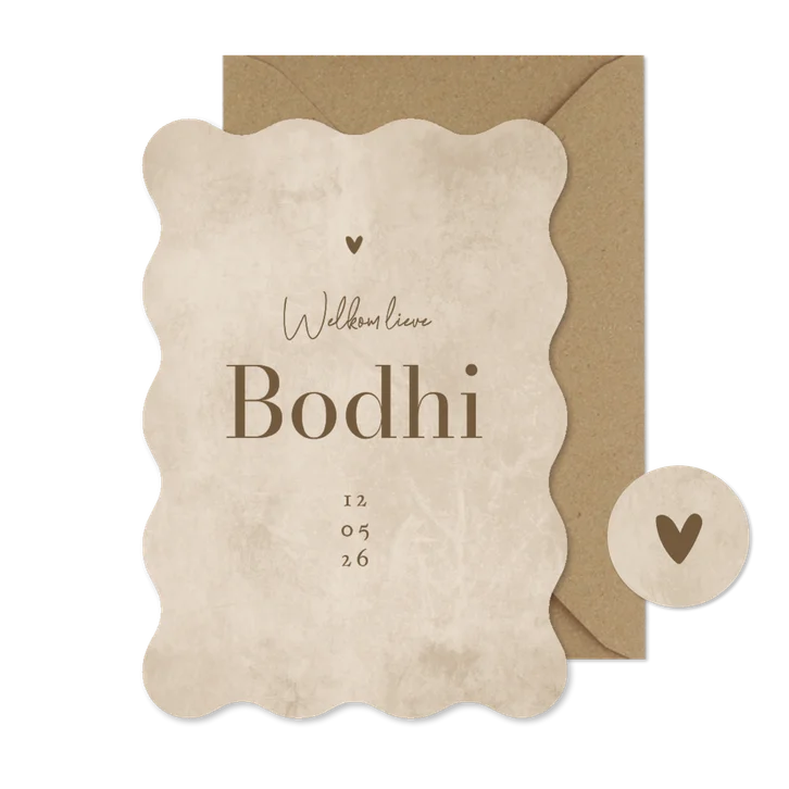 wave vorm geboortekaartje unisex hartje zandkleur