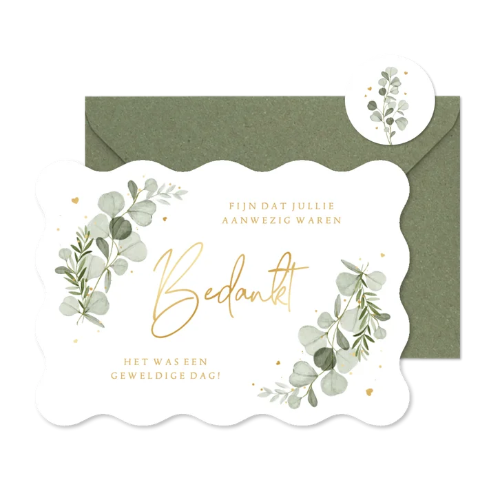 Wave vorm kaart bedankt eucalyptus spetters hartjes goud