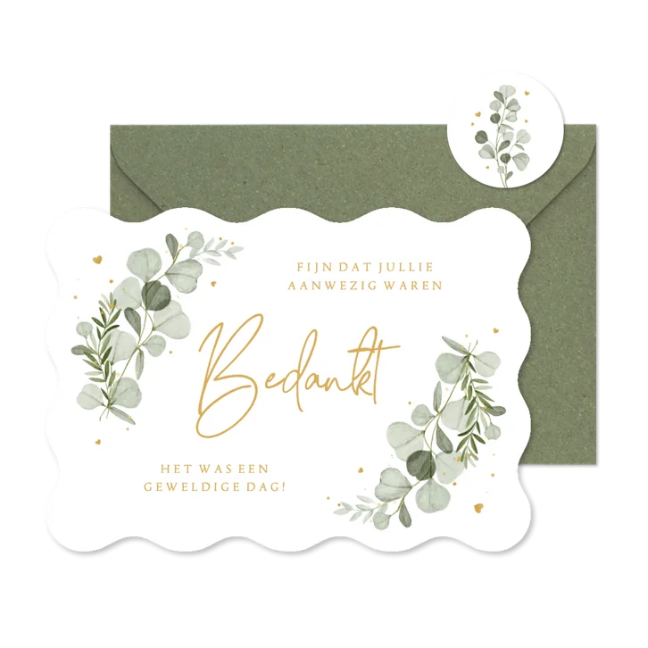 Wave vorm kaart bedankt eucalyptus spetters hartjes goud