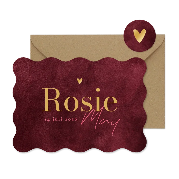 Wave vorm kaart geboortekaartje stijlvol goud velvet rood