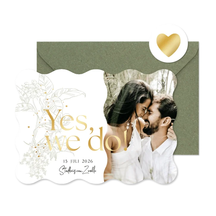 Wavevorm trouwkaart lijnillustratie botanisch foto goud