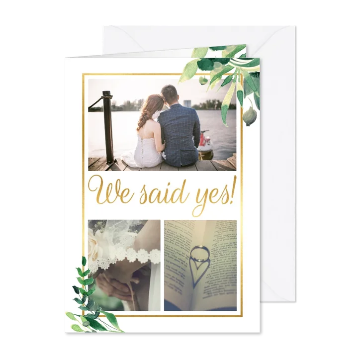 We said yes! Trouwkaart Stijlvol wit met goud