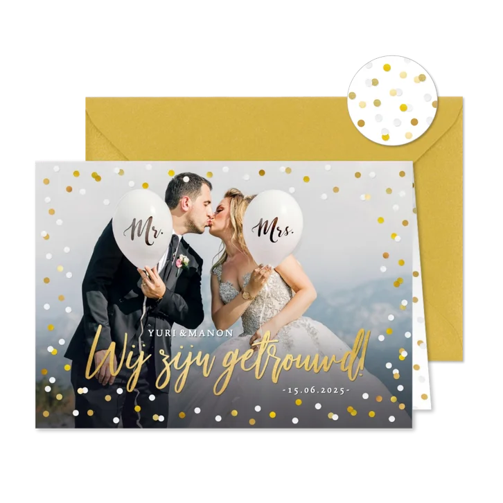 Wij zijn getrouwd kaart met eigen foto en confetti kader