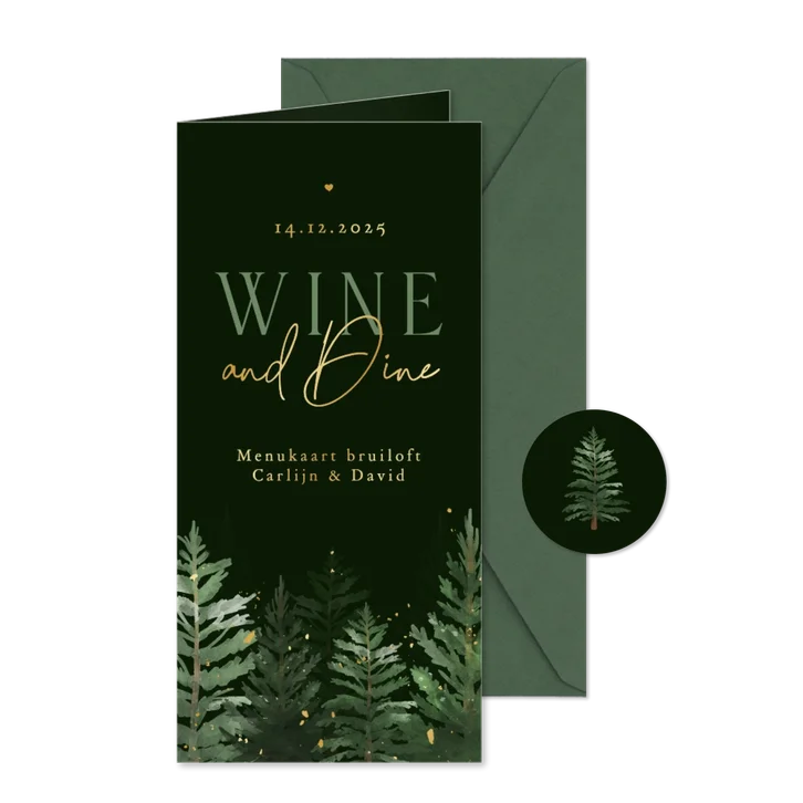 Wijn en menukaart winter bruiloft dennenbomen goud