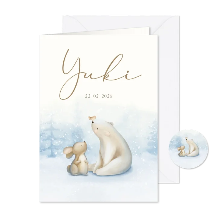 Winters geboortekaartje met een konijn ijsbeer en vogeltje