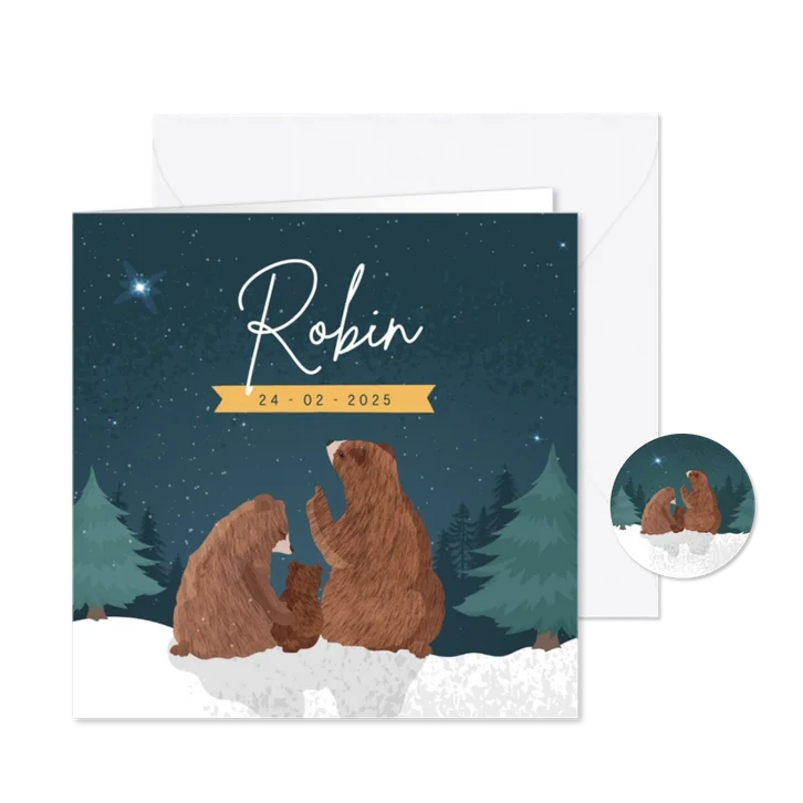 Winters geboortekaartje met illustratie van 3 beren