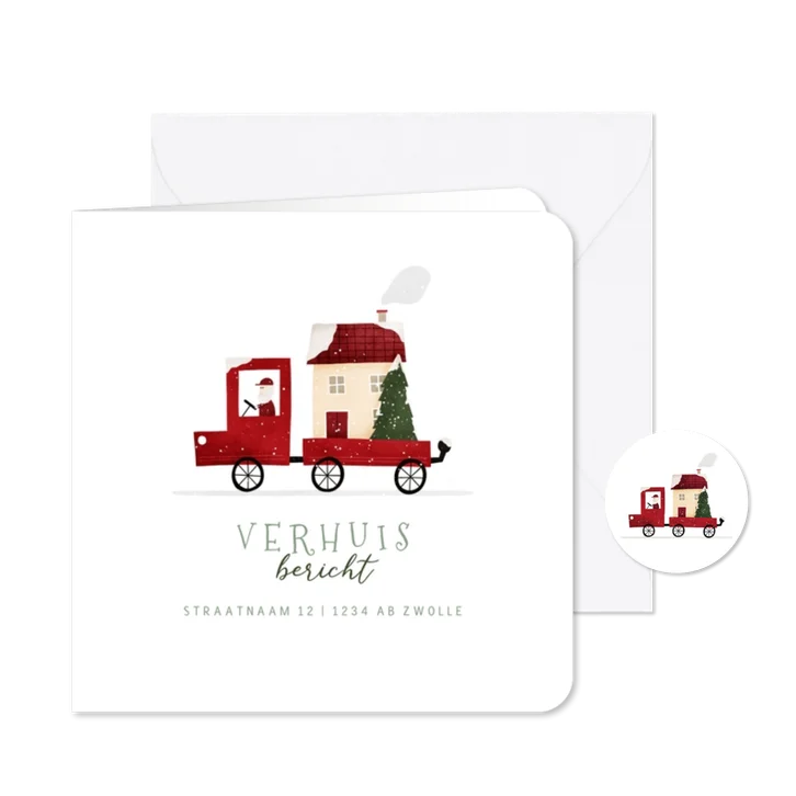 Winters verhuiskaartje rood busje met huis en kerstboom