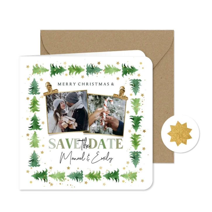 Winterse kerst Save the date watercolor kerstbomen goud foto