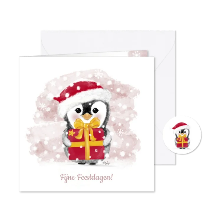 Winterse kerstkaart met een schattige pinguin met een cadeau