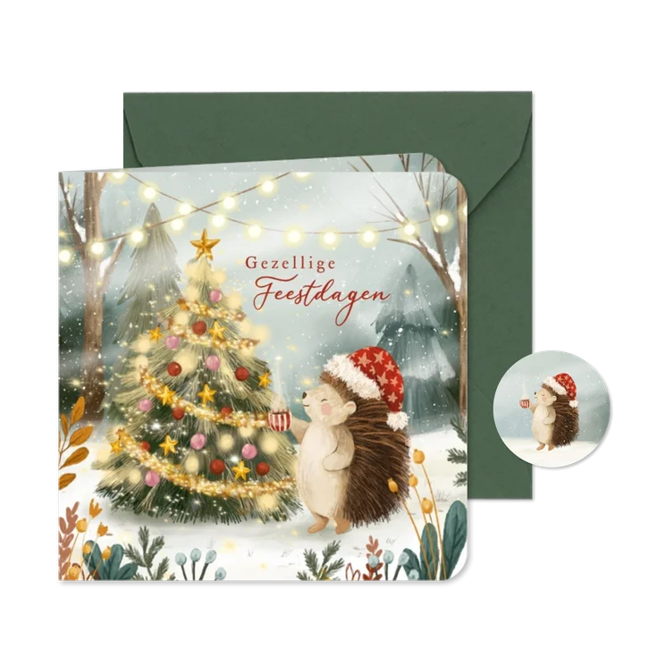 Winterse kerstkaart met egel en kerstboom