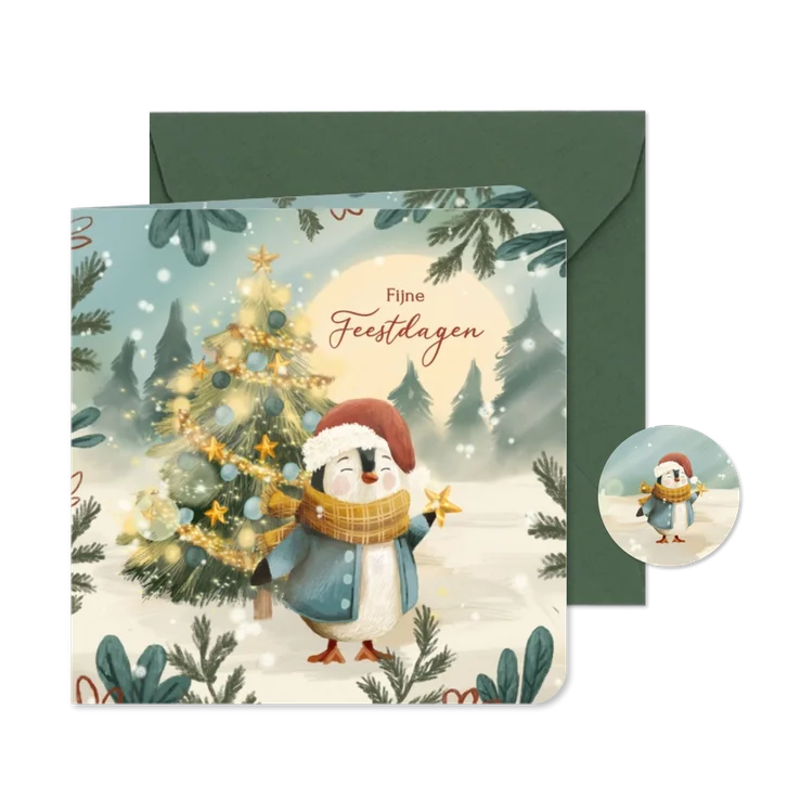 Winterse kerstkaart met pinguïn en kerstboom