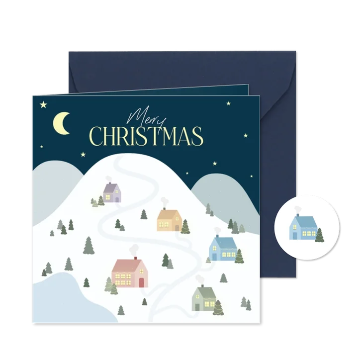Winterse kerstkaartjes met kerstdorpje in de sneeuw