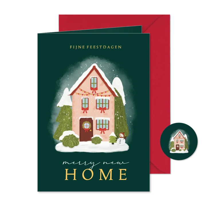 Winterse verhuiskaart met huis kerstbomen en sneeuw