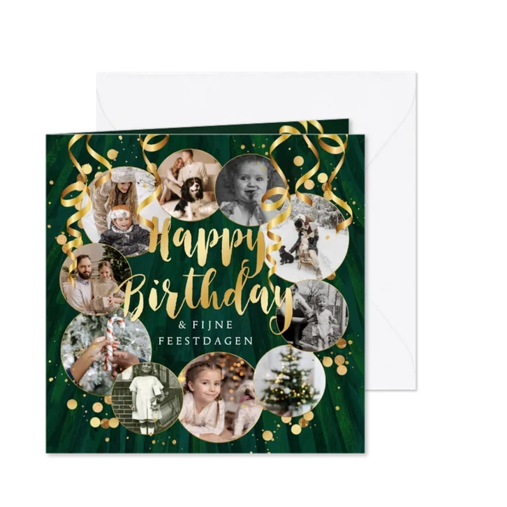 Winterse verjaardagskaart fotocollage confetti goudlook