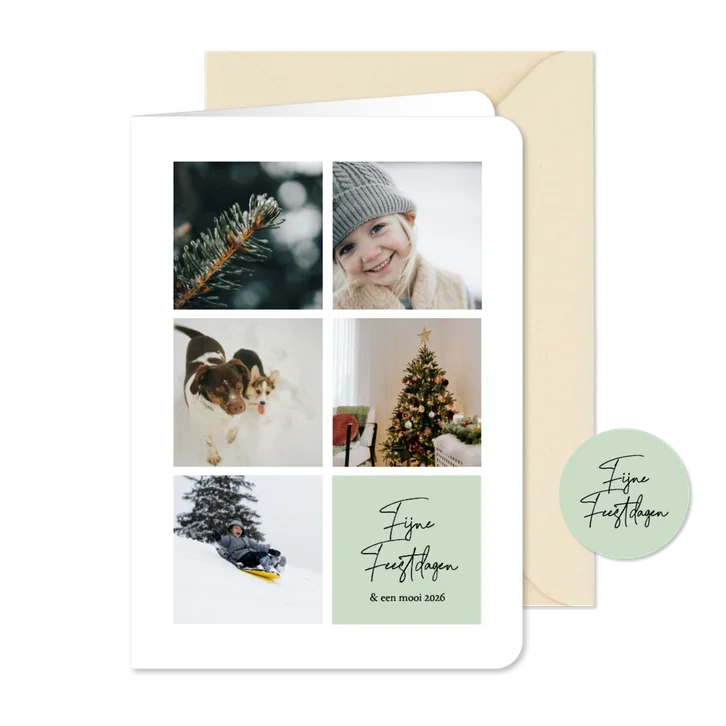 Witte kerstkaart met foto grid en groen vlak
