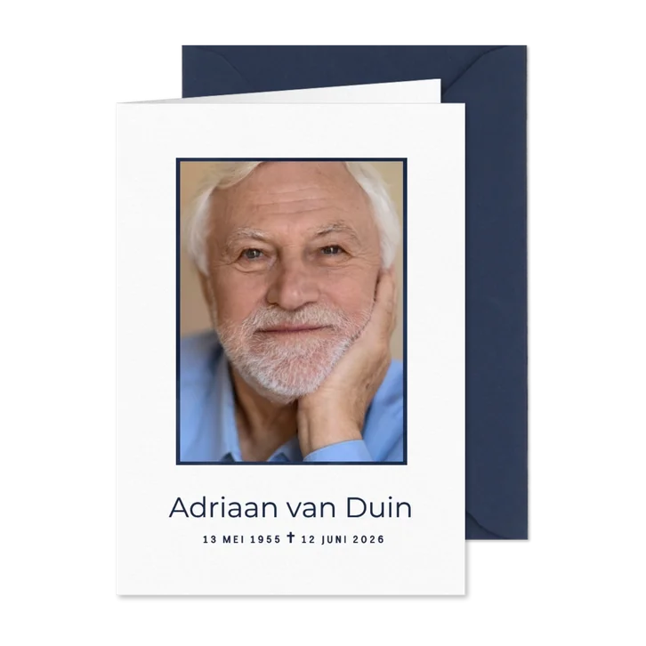 Witte moderne rouwkaart grote foto donkerblauw