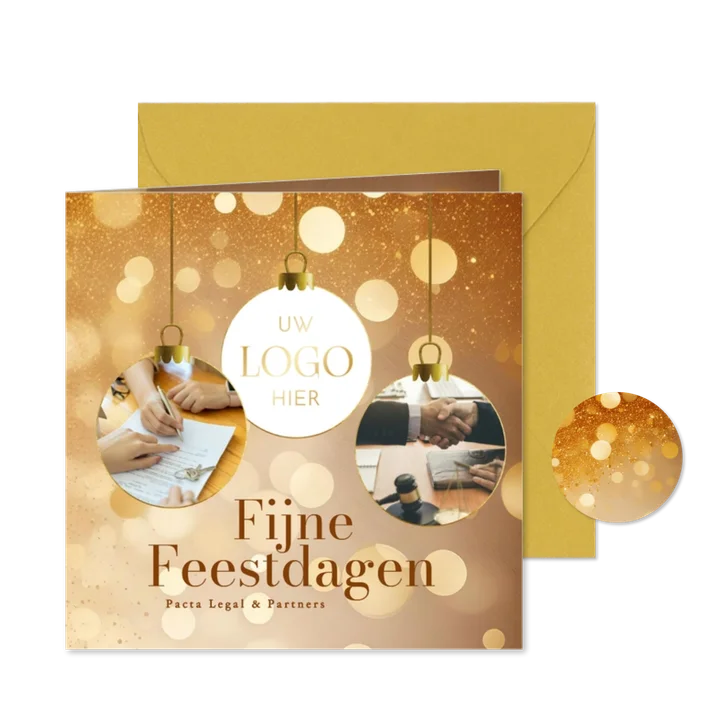 Zakelijk kerstkaart met 3 foto's kerstballen en glitters