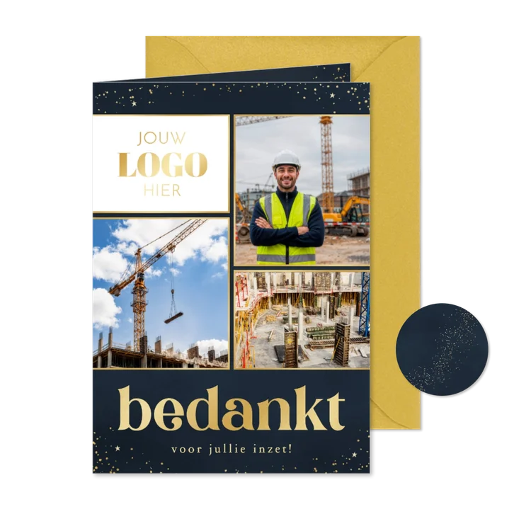 Zakelijk kerstkaartje fotocollage bedankt goudlook