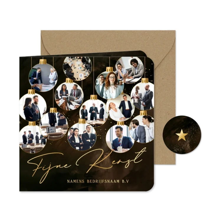 Zakelijk kerstkaartje met fotocollage 14 kerstballen goud
