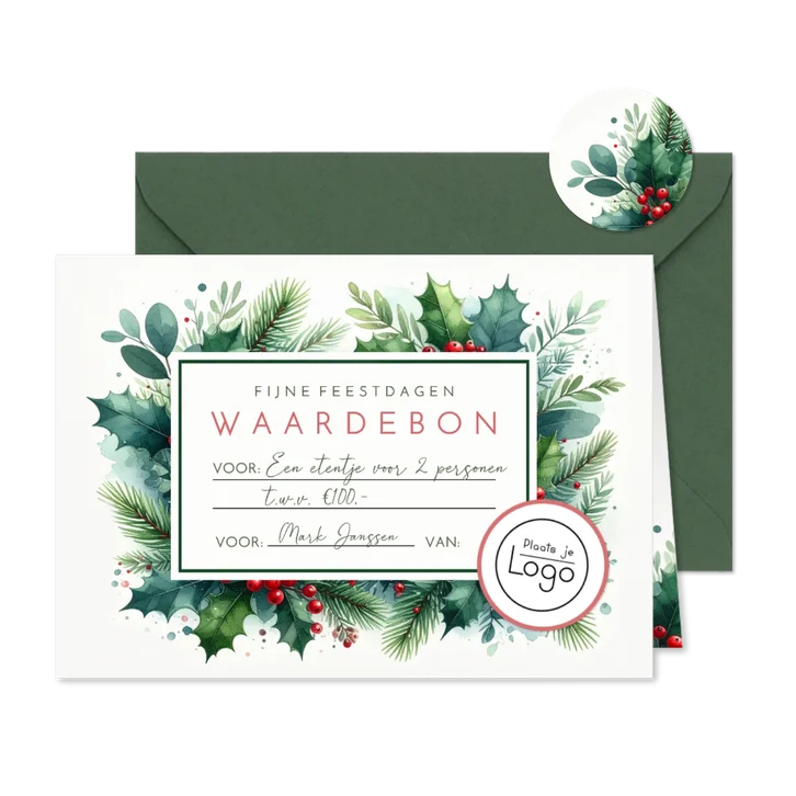 Zakelijke botanische waardebon kerstkaart met logo