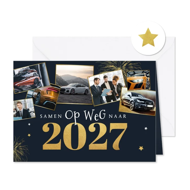 Zakelijke kerst- en nieuwjaarskaart auto fotocollage goud