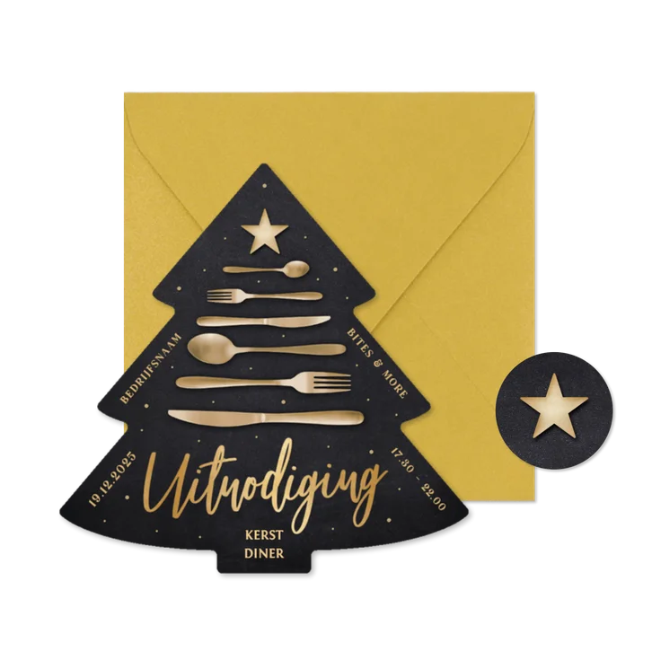 Zakelijke kerstdiner uitnodiging kerstboom met bestek