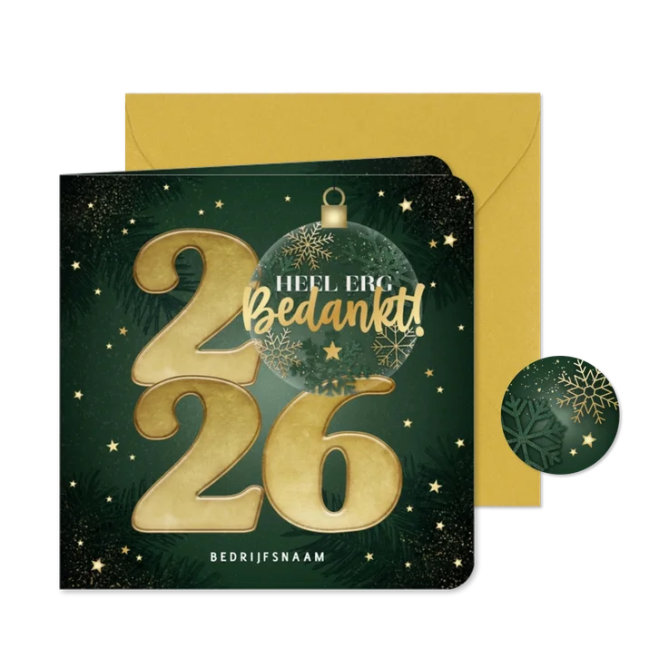 Zakelijke kerstkaart 2026 kerstbal sterren, takjes bedankt!