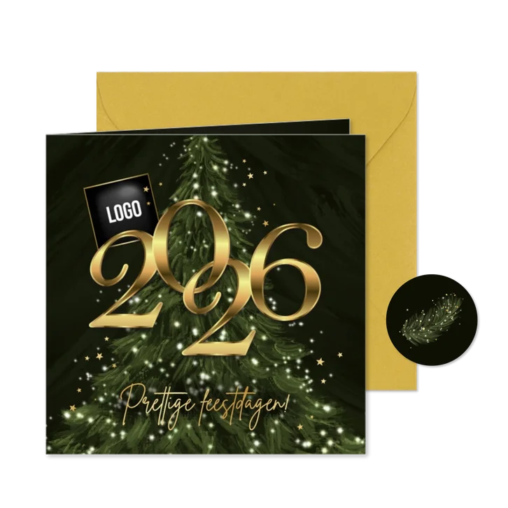 Zakelijke kerstkaart 2026 kerstboom lichtjes sterren logo