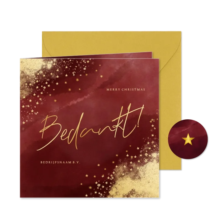Zakelijke kerstkaart bedankt bordeaux en goud sterren
