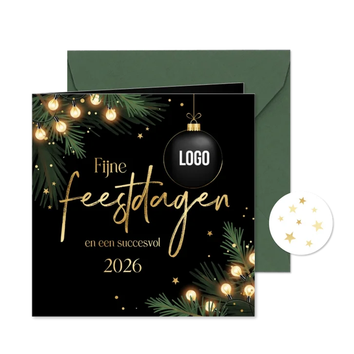 Zakelijke kerstkaart bedankt feestdagen dennentakjes lampjes