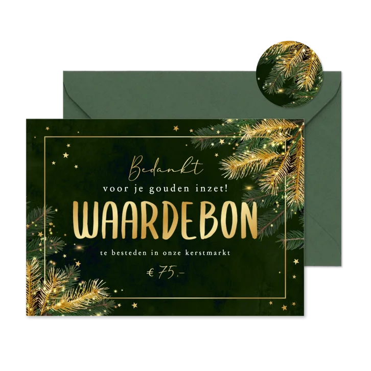 Zakelijke kerstkaart bedankt waardebon kerstmarkt goud