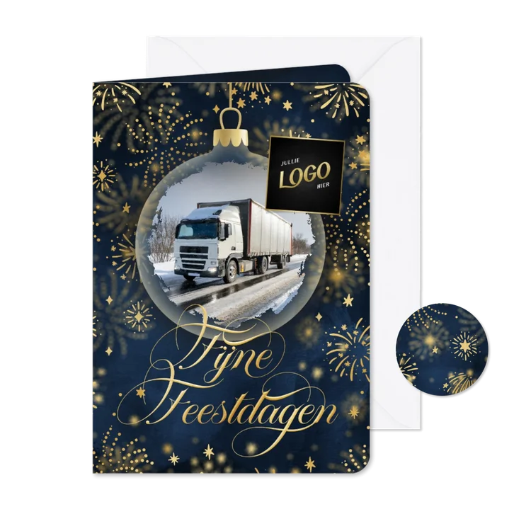 Zakelijke kerstkaart blauw kerstbal met foto en vuurwerk