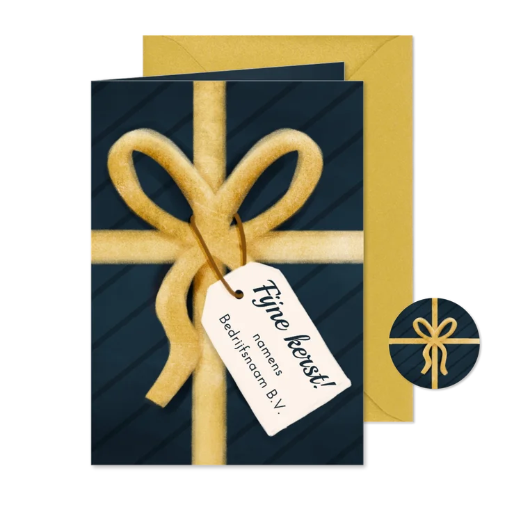 Zakelijke kerstkaart cadeautje donkerblauw gouden strik