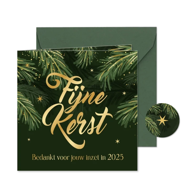Zakelijke kerstkaart dennentakken fijne kerst goud bedankt