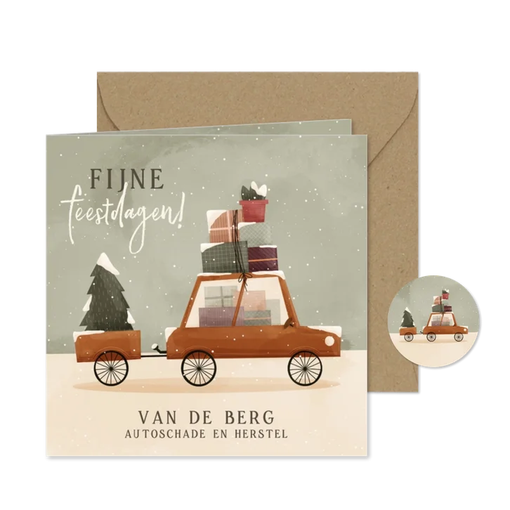 Zakelijke kerstkaart fijne feestdagen auto dozen kerstboom