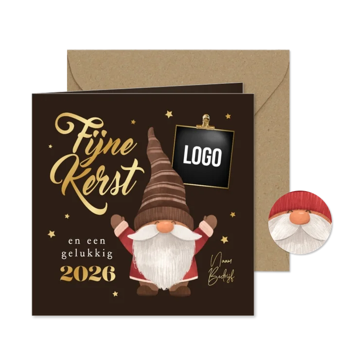 Zakelijke kerstkaart gnome kabouter fijne kerst goud logo