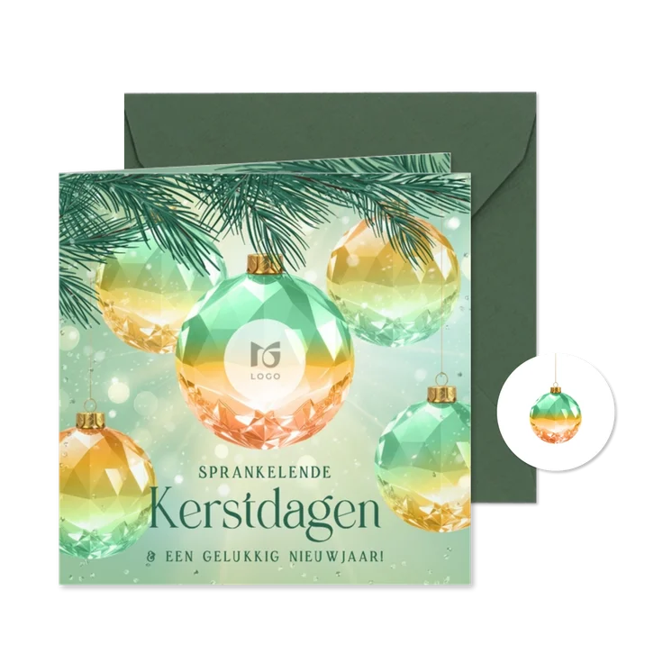Zakelijke kerstkaart groen gekleurde kristallen kerstballen