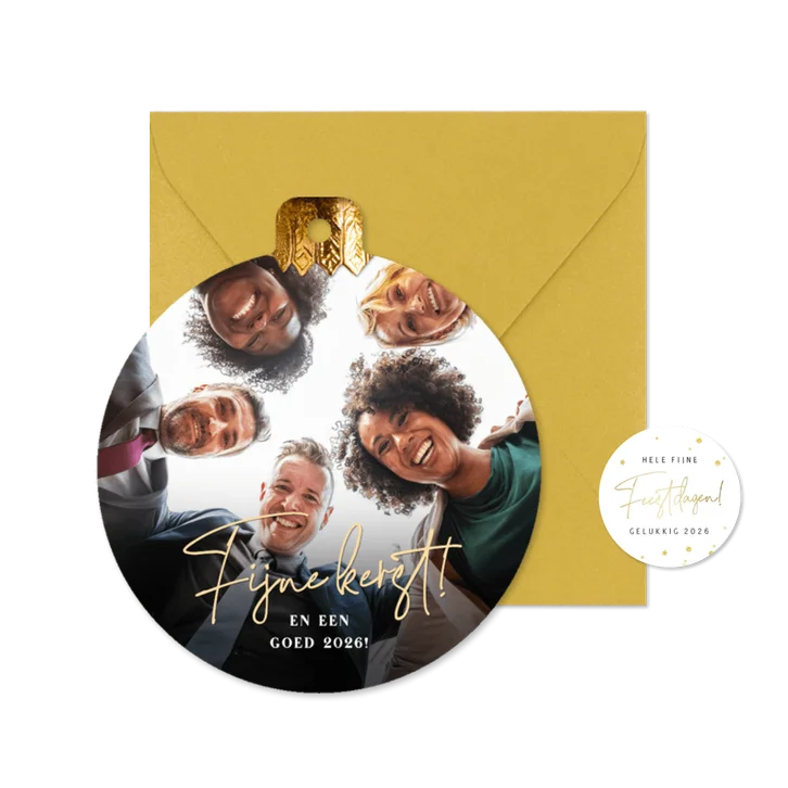 Zakelijke kerstkaart in kerstbal vorm met eigen foto