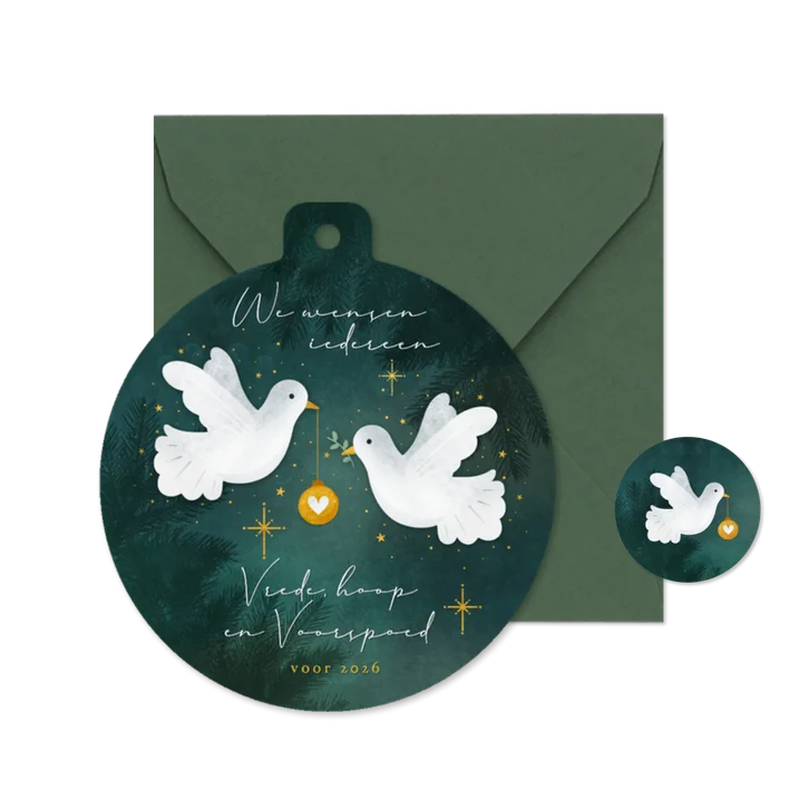 Zakelijke kerstkaart in kerstbal vorm met witte duifjes