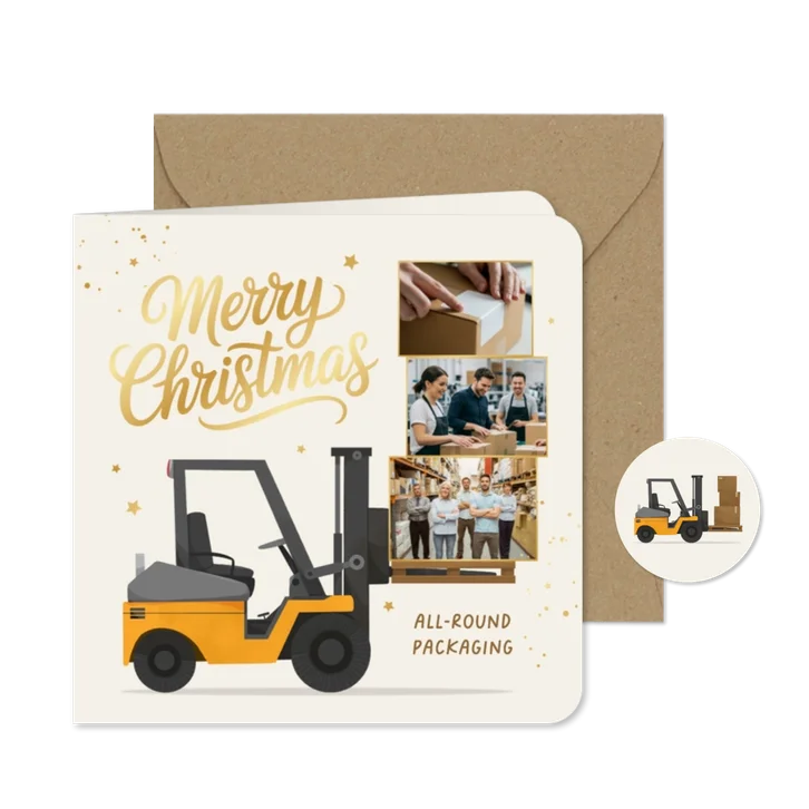 Zakelijke kerstkaart inpakbedrijf heftruck foto's logistiek