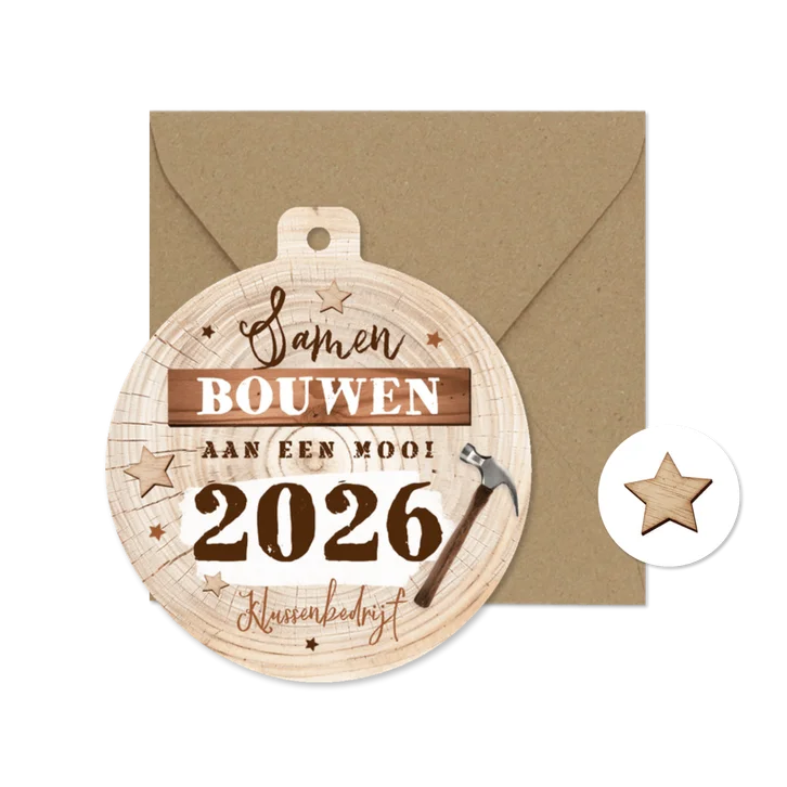 Zakelijke kerstkaart kerstbal bouwbedrijf klussen hout hamer