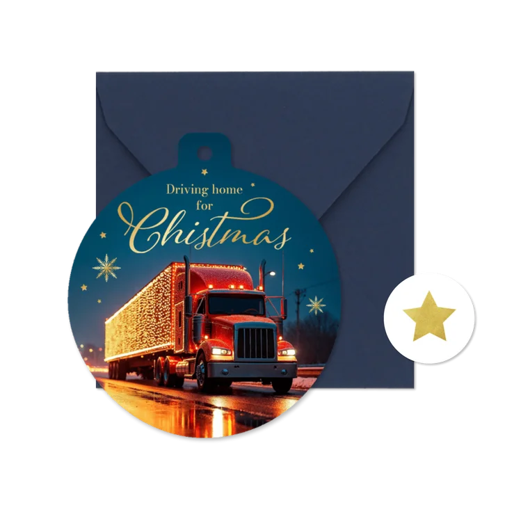 Zakelijke kerstkaart kerstbal transport sneeuw goud sterren