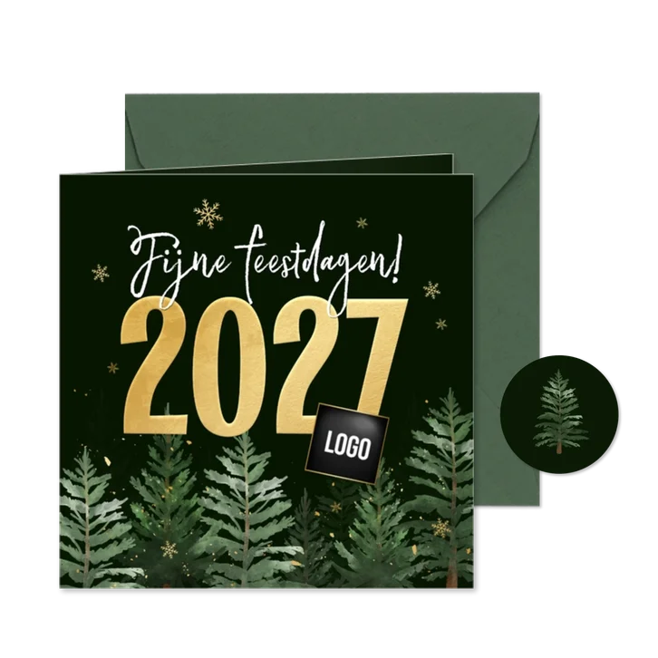 Zakelijke kerstkaart kerstbomen goud 2027 jaartal sneeuw