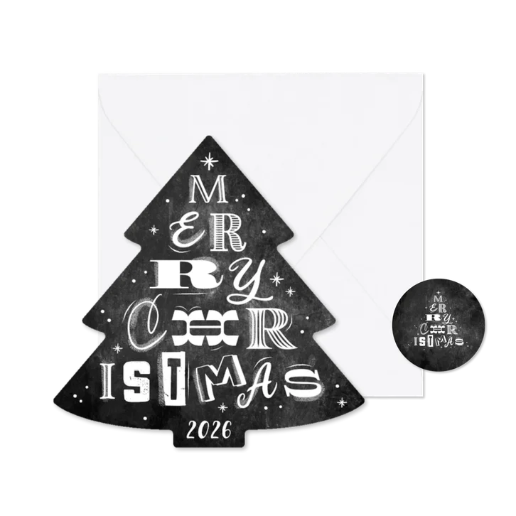 Zakelijke kerstkaart kerstboom krijtbord lettering chalk