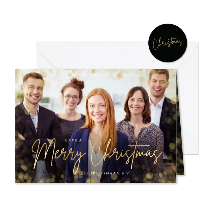 Zakelijke kerstkaart met grote foto en gouden confetti kader