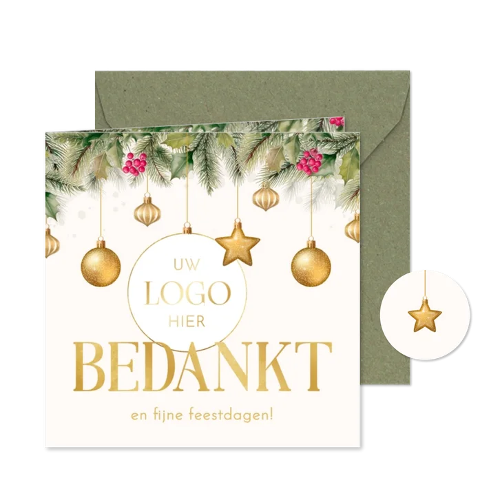 Zakelijke kerstkaart met hulst en kerstballen logo