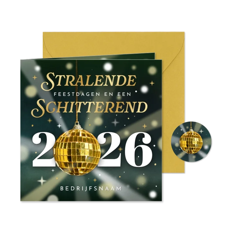 Zakelijke kerstkaart met jaartal en discobal - stralend 2026