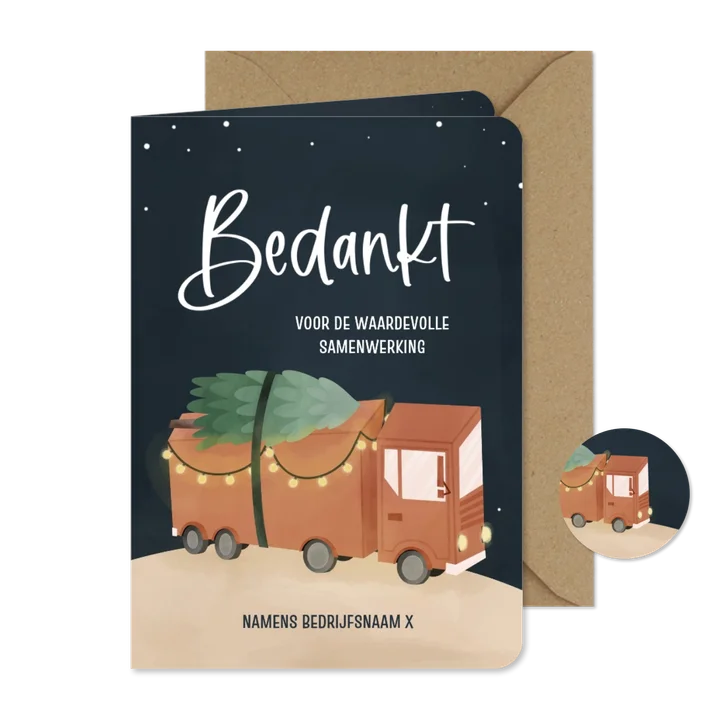 Zakelijke kerstkaart met vrachtwagen en lichtjes in donker