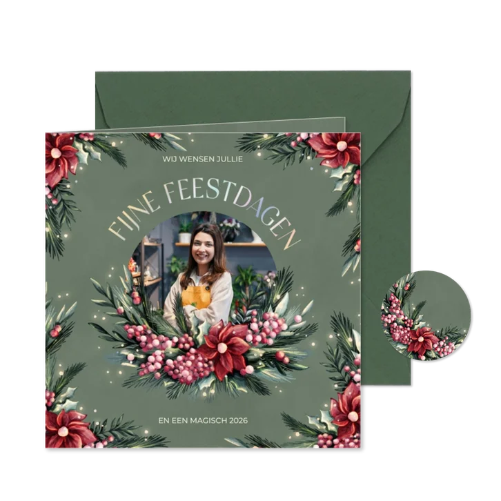 Zakelijke kerstkaart met waterverf krans bloemen en besjes