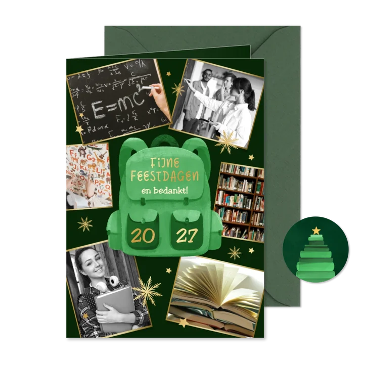 Zakelijke kerstkaart onderwijs rugzak fotocollage sterren